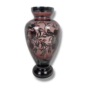 Vintage Amethyst Hand Blown Glass Vase Floral Silver Overlay 5.5" Purple Flowers